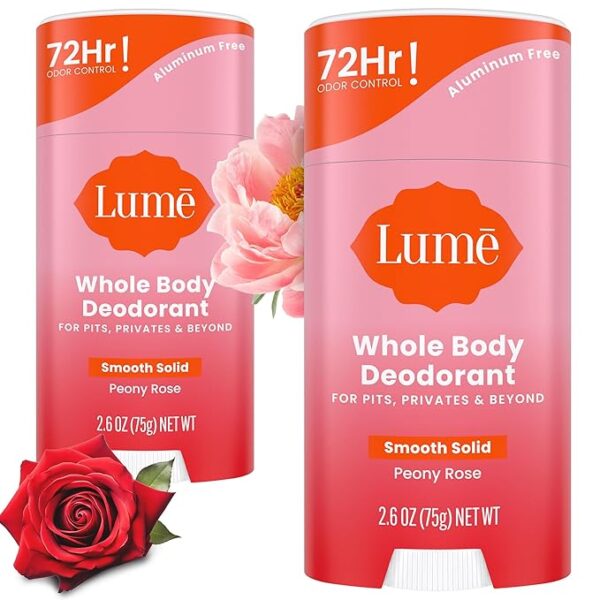 Lume Whole Body Deodorant - Smooth Solid Stick - 72 Hour Odor Control - Aluminum Free, Baking Soda Free and Skin Safe - 2.6 Ounce (Pack of 2) (Peony