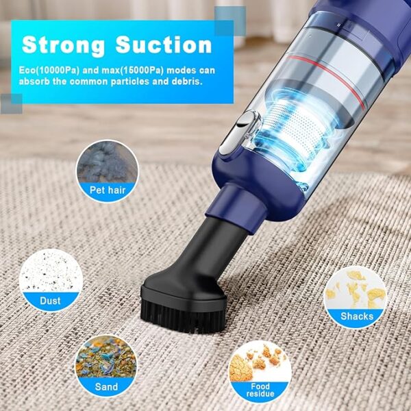 Handheld Vacuum Cordless - Car Vacuum Cleaner with Brushless Motor, 15000Pa Strong Suction with LED Light, Type C Cable, 2 Fliters, Portable Hand Vacuum for Car, Home, and Office - Image 7