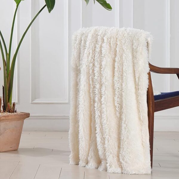 Tuddrom Decorative Extra Soft Fuzzy Faux Fur Throw Blanket 50" x 60",Solid Reversible Long Hair Shaggy Blanket,Fluffy Cozy Plush Comfy Microfiber Fleece Blankets for Couch Sofa Bedroom,Cream White - Image 4