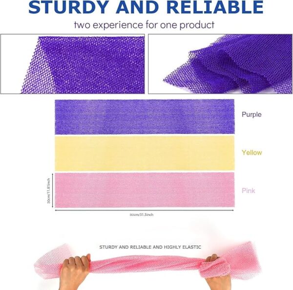UJFQBH 3 Pieces African Bath Sponge African Net Long Net Bath Sponge Exfoliating Shower Body Scrubber Back Scrubber Skin Smoother,Great for Daily Use (Pink,Yellow,Purple) - Image 7