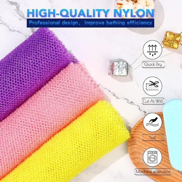 UJFQBH 3 Pieces African Bath Sponge African Net Long Net Bath Sponge Exfoliating Shower Body Scrubber Back Scrubber Skin Smoother,Great for Daily Use (Pink,Yellow,Purple) - Image 6