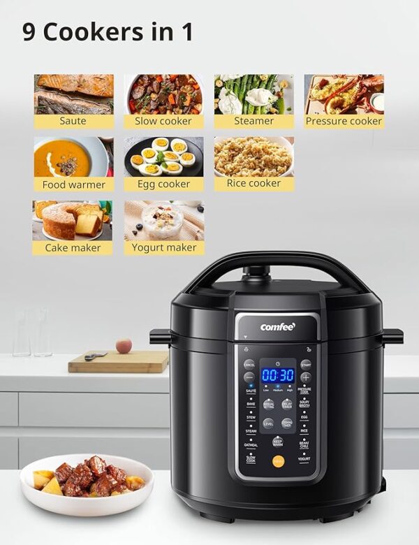 COMFEE’ 9-in-1 Electric Pressure Cooker, 14 Presets Instant Multi Cooker Olla de Presion Non-Stick Pot Yogurt Maker Rice Cooker Slow Cooker Sauté Steamer 6 Quarts Black - Image 5