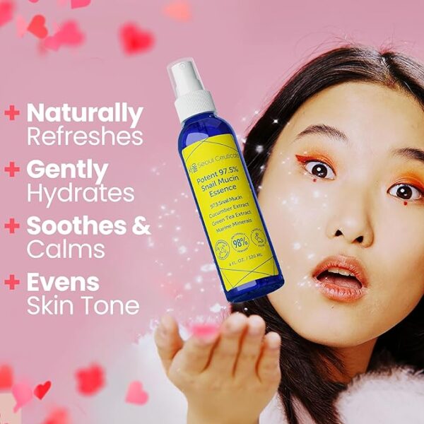 SeoulCeuticals Korean Face Mist 97.5% Snail Mucin Essence - K Beauty Skincare Facial Spray - Cucumber Extract + Marine Minerals + Green Tea + Aloe 4oz - Image 7