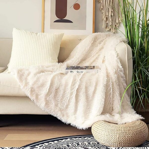 Tuddrom Decorative Extra Soft Fuzzy Faux Fur Throw Blanket 50" x 60",Solid Reversible Long Hair Shaggy Blanket,Fluffy Cozy Plush Comfy Microfiber Fleece Blankets for Couch Sofa Bedroom,Cream White - Image 7