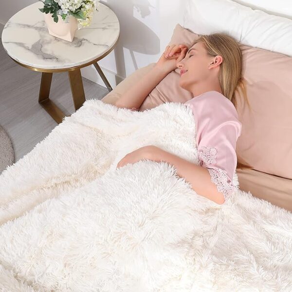 Tuddrom Decorative Extra Soft Fuzzy Faux Fur Throw Blanket 50" x 60",Solid Reversible Long Hair Shaggy Blanket,Fluffy Cozy Plush Comfy Microfiber Fleece Blankets for Couch Sofa Bedroom,Cream White - Image 5