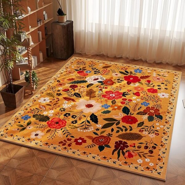 Bedroom Rug 3x5 Rug Washable Area Rug Non Slip Low Pile Boho Floral Small Carpet for Bedroom, Bedside, Kitchen, Entryway, Kids Room, Office, College Dorm Essentials for Girls(Yellow) - Image 6