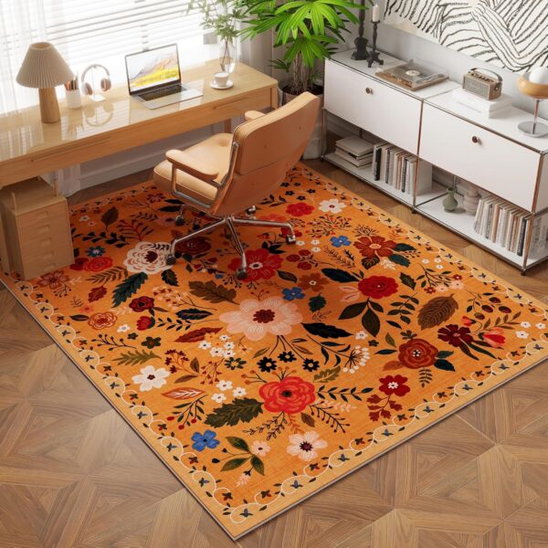 Bedroom Rug 3x5 Rug Washable Area Rug Non Slip Low Pile Boho Floral Small Carpet for Bedroom, Bedside, Kitchen, Entryway, Kids Room, Office, College Dorm Essentials for Girls(Yellow) - Image 4