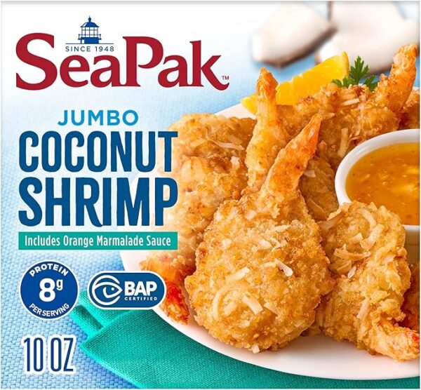 SeaPak Jumbo Coconut Shrimp, Delicious Seafood with Oven Crispy Breading, Includes Orange Marmalade Sauce, Frozen, 10 oz