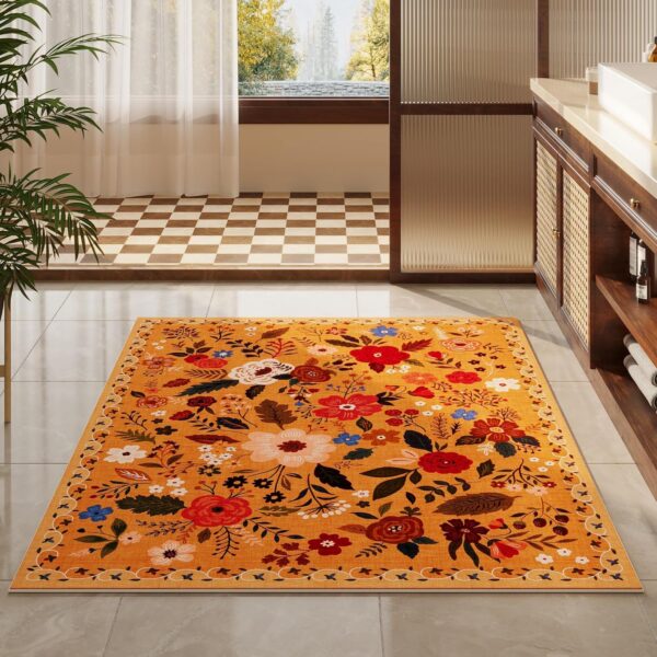 Bedroom Rug 3x5 Rug Washable Area Rug Non Slip Low Pile Boho Floral Small Carpet for Bedroom, Bedside, Kitchen, Entryway, Kids Room, Office, College Dorm Essentials for Girls(Yellow) - Image 5
